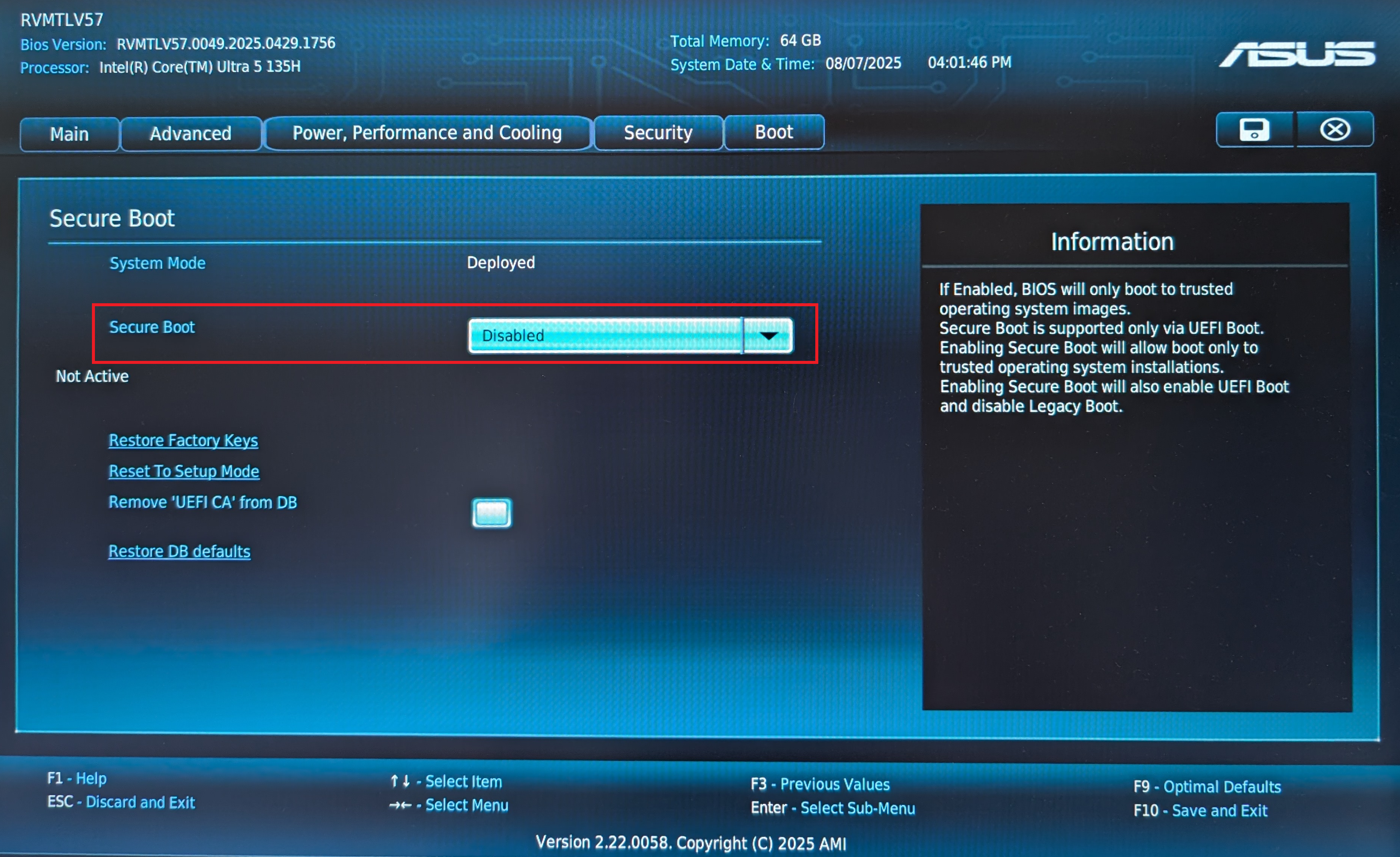 Figure 2: Disable Secure Boot in BIOS
